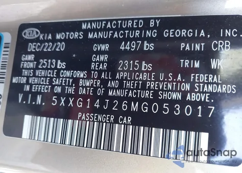 2021 Kia K5 Lxs z USA, uszkodzony, nr VIN 5XXG14J26MG053017